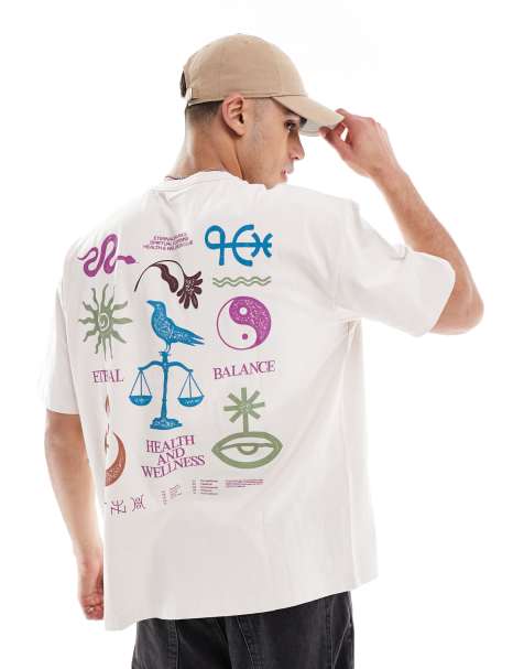 ASOS DESIGN heavyweight oversized t-shirt in washed beige with abstract graphic - view 1