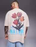[ASOS DESIGN] ASOS DESIGN heavyweight oversized t-shirt in washed beige with floral graphics-Neutral S Shifting sand