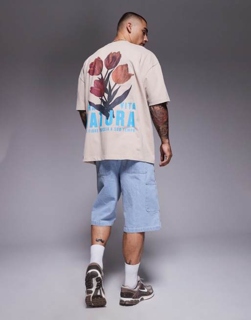 ASOS DESIGN heavyweight oversized T-shirt in washed beige with floral graphics 