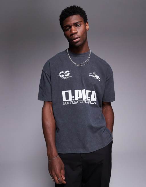 ASOS DESIGN heavyweight oversized T-shirt in washed black with sports graphic , 2 of 4