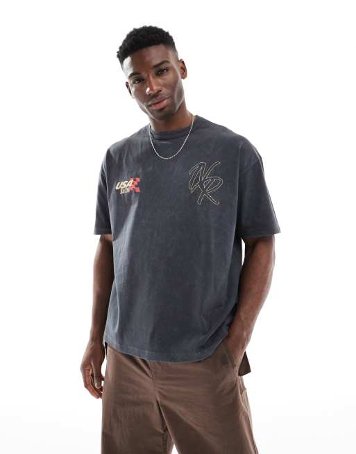 ASOS DESIGN oversized T-shirt in heavyweight 200gsm washed black with sports graphic