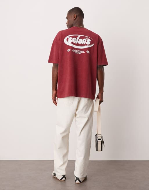 ASOS DESIGN - T-shirt oversize in tessuto pesante da 220 gsm color bordeaux slavato con scritta stampata