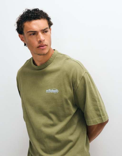 ASOS DESIGN heavyweight oversized t-shirt with chest text graphic in washed green, 4 of 5