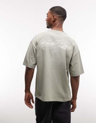 Asos Design Heavyweight Oversized T-shirt With Cursive Text Graphic In Gray