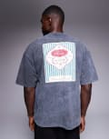 [ASOS DESIGN] ASOS DESIGN heavyweight oversized t-shirt with drinks graphic in washed black-Grey M Asphalt