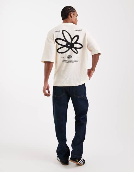 ASOS DESIGN heavyweight oversized t-shirt with floral graphic in ecru textured fabric, 2 of 5