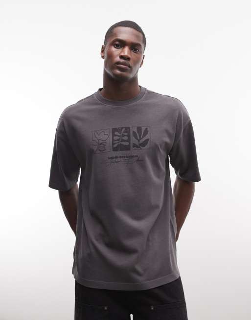 ASOS DESIGN heavyweight oversized t-shirt with floral graphic in washed charcoal, 3 of 5