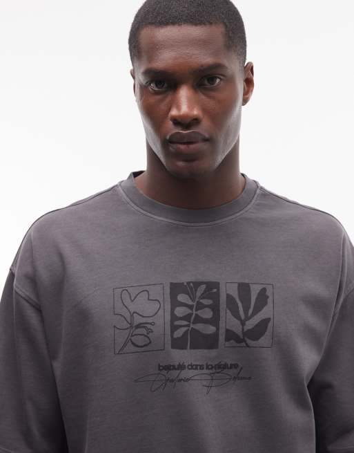 ASOS DESIGN heavyweight oversized t-shirt with floral graphic in washed charcoal, 4 of 5