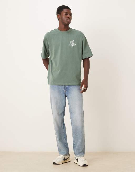 ASOS DESIGN heavyweight oversized t-shirt with floral graphic in washed green , 2 of 5