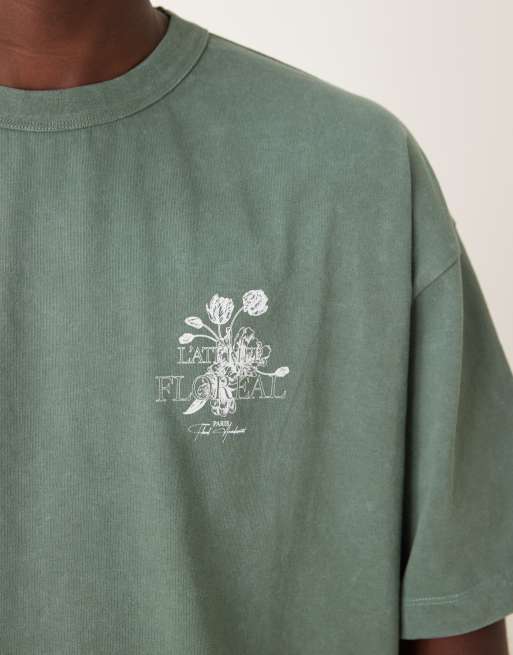 ASOS DESIGN heavyweight oversized t-shirt with floral graphic in washed green , 5 of 5