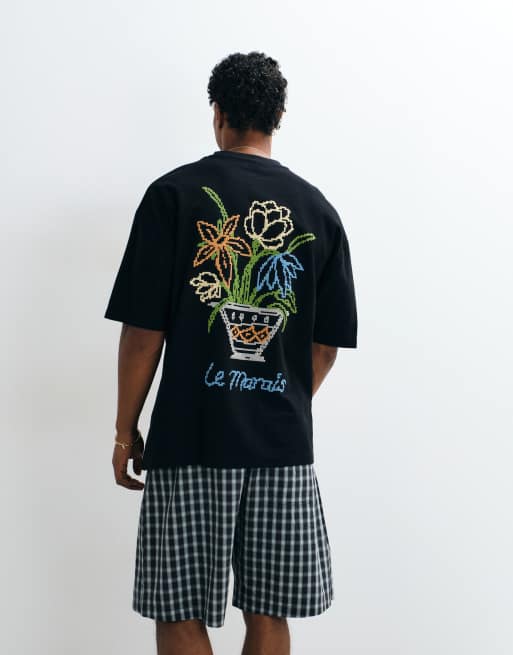ASOS DESIGN heavyweight oversized t-shirt with floral puff print in black crepe fabric, 3 of 5