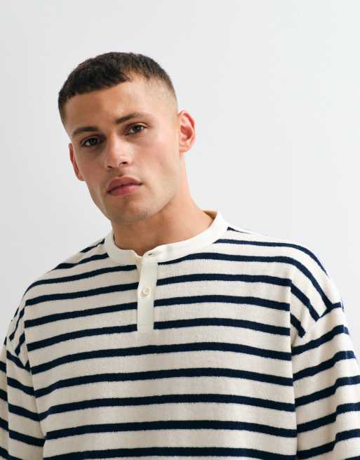 ASOS DESIGN heavyweight oversized t-shirt with henley neck in navy stripe toweling fabric, 2 of 5