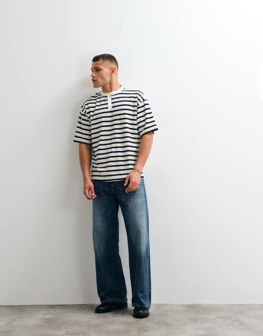 ASOS DESIGN heavyweight oversized t-shirt with henley neck in navy stripe toweling fabric, 4 of 5