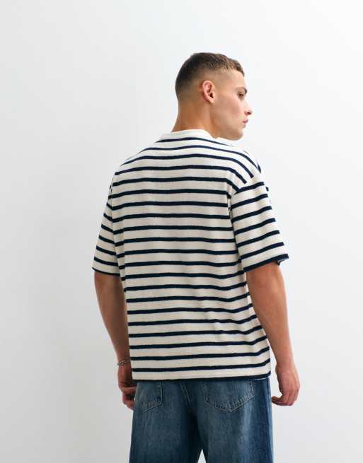 ASOS DESIGN heavyweight oversized t-shirt with henley neck in navy stripe toweling fabric, 5 of 5