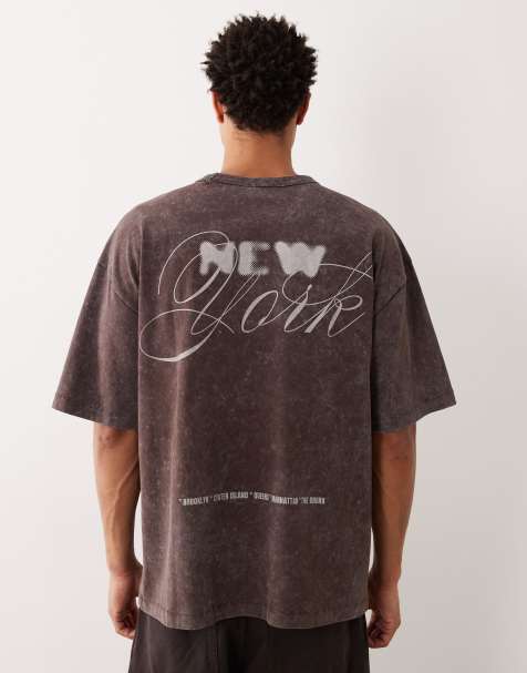 ASOS DESIGN heavyweight oversized t-shirt with New York graphic in washed brown - view 1