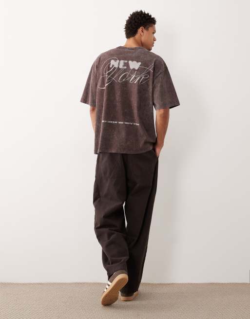 ASOS DESIGN heavyweight oversized t-shirt with New York graphic in washed brown