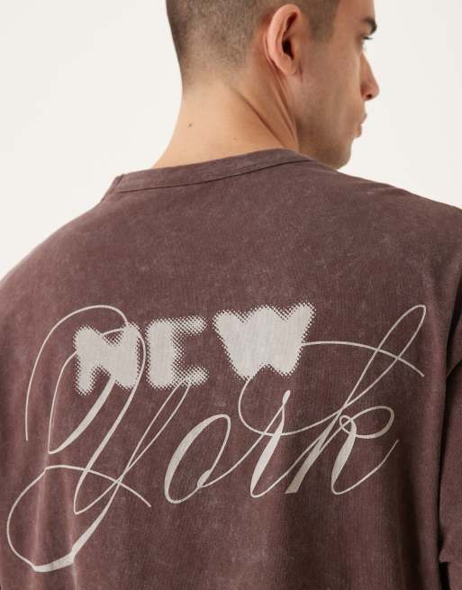 ASOS DESIGN heavyweight oversized t-shirt with New York graphic in washed brown , 5 of 5