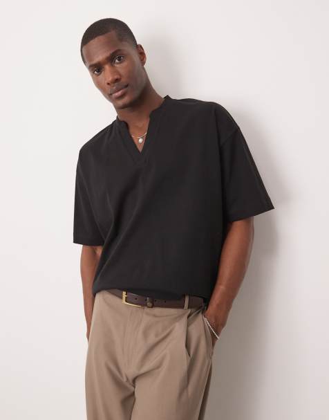ASOS DESIGN heavyweight oversized T-shirt with notch neck detail in black - view 1