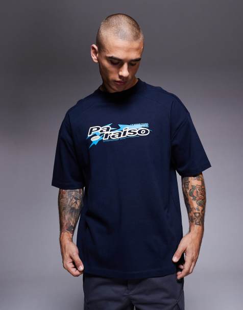  ASOS DESIGN heavyweight  oversized t-shirt with printed Paraiso graphic and cut a sew detail in navy - view 1