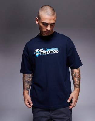 Asos Design Heavyweight Oversized T-shirt With Printed Paraiso Graphic And Cut And Sew Detail In Blue