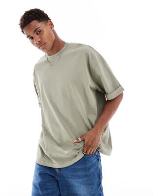 Asos Design Heavyweight Oversized T-shirt With Roll Sleeve In Green