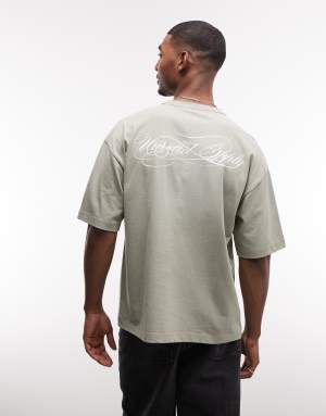 ASOS DESIGN heavyweight oversized t-shirt with script text graphic in grey wash