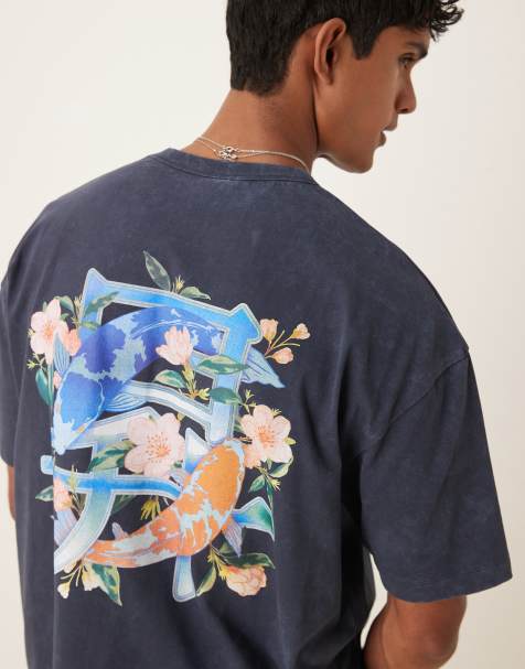 ASOS DESIGN heavyweight oversized t-shirt with souvenir graphic in washed navy - view 1