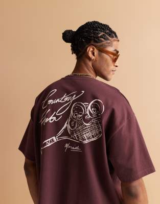 ASOS DESIGN heavyweight oversized t-shirt with sport back graphic in burgundy-Red