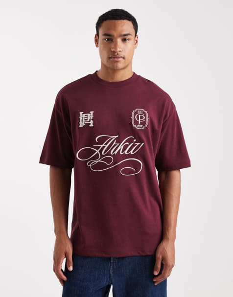 ASOS DESIGN heavyweight oversized t-shirt with sports embroidery in burgundy soft touch - view 1