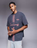 [ASOS DESIGN] ASOS DESIGN heavyweight oversized t-shirt with sports graphic in washed black-Grey L Asphalt