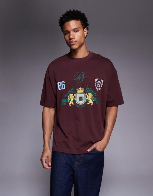 ASOS DESIGN heavyweight oversized t-shirt with sporty crest graphic in burgundy