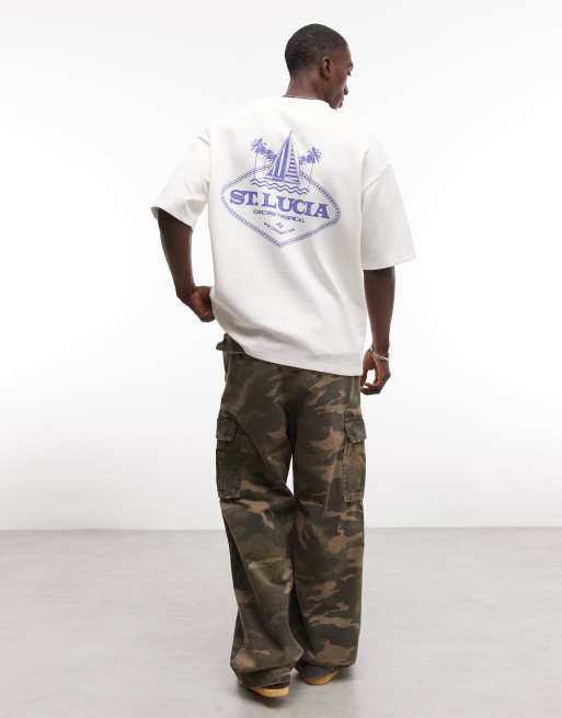 ASOS DESIGN heavyweight oversized T-shirt with St Lucia graphic in off white seersucker fabric, 2 of 5