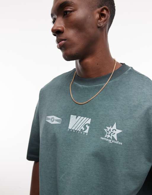 ASOS DESIGN heavyweight oversized t-shirt with street graphics in green wash, 3 of 5