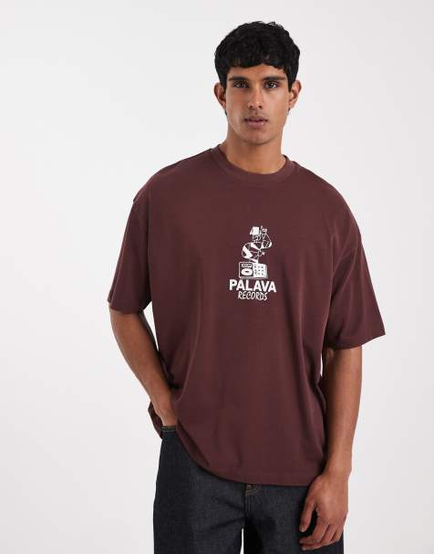 ASOS DESIGN heavyweight oversized t-shirt with text chest graphic in burgundy