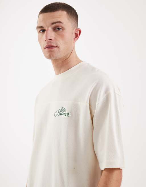 ASOS DESIGN heavyweight oversized t-shirt with text embroidery in green crepe texture, 4 of 5
