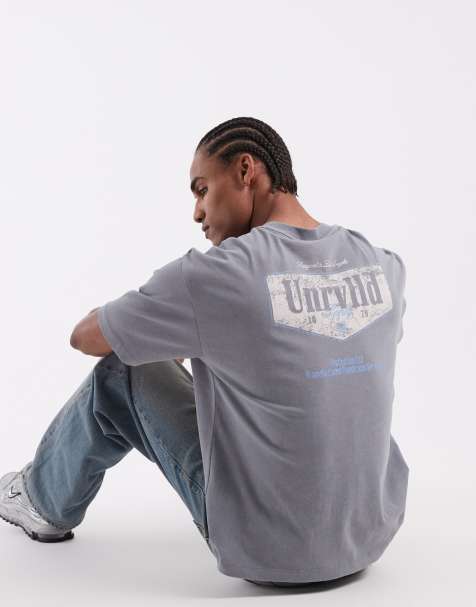 ASOS DESIGN heavyweight oversized t-shirt with text graphic in grey wash 