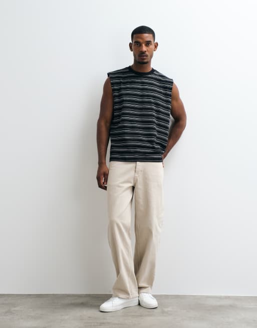 ASOS DESIGN heavyweight oversized tank in textured black and off white stripe, 3 of 5