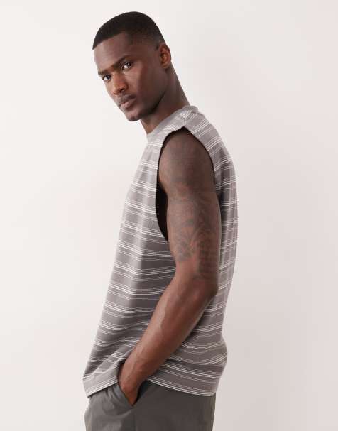 ASOS DESIGN heavyweight oversized tank in textured gray stripes - view 1