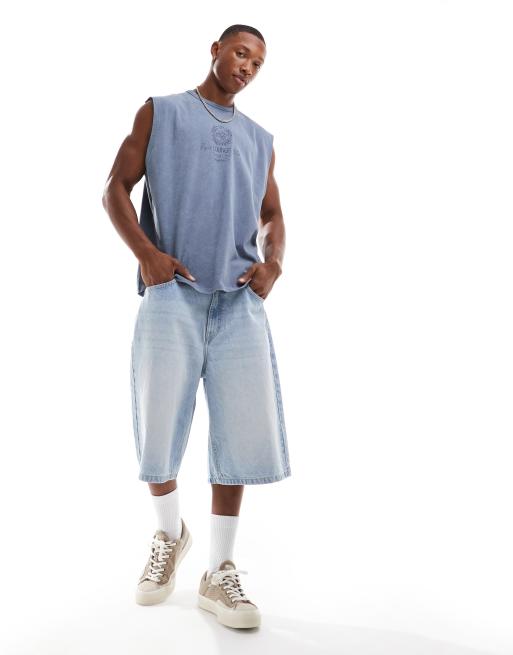 ASOS DESIGN heavyweight oversized tank in washed blue with sports chest print , 4 of 4