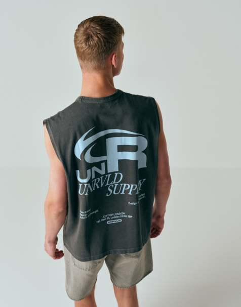 ASOS DESIGN heavyweight oversized tank text graphic in washed gray - view 1