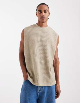 ASOS DESIGN heavyweight oversized tank top in beige waffle knit-Neutral