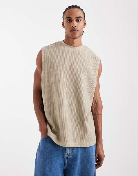 ASOS DESIGN heavyweight oversized tank top in beige waffle knit - view 1