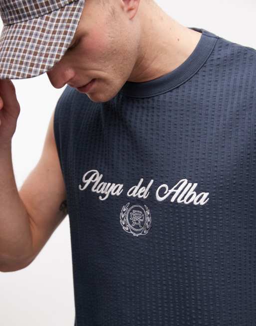 ASOS DESIGN heavyweight oversized tank top with text grapic in navy seersucker fabric, 5 of 5