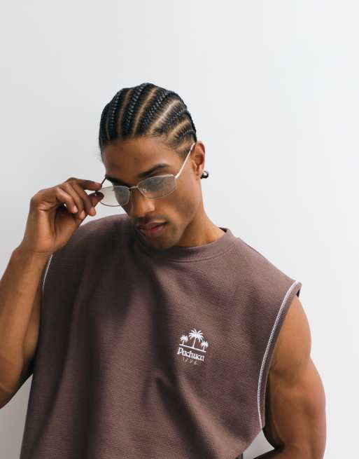 ASOS DESIGN heavyweight oversized tank with chest graphic in brown textured fabric, 2 of 5