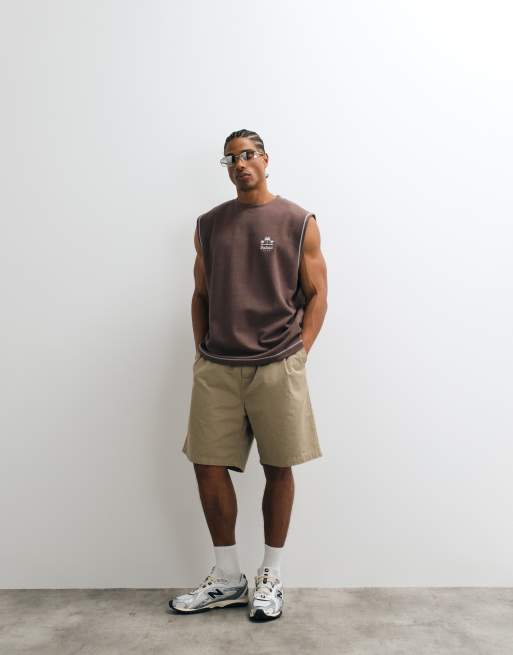 ASOS DESIGN heavyweight oversized tank with chest graphic in brown textured fabric, 3 of 5