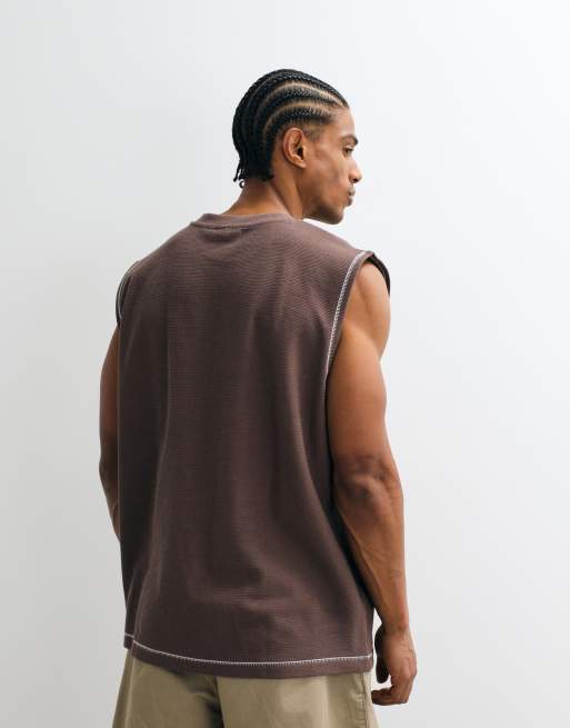 ASOS DESIGN heavyweight oversized tank with chest graphic in brown textured fabric, 4 of 5