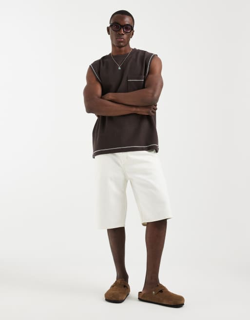 ASOS DESIGN heavyweight oversized tank with contrast stitch and pocket in brown texture, 2 of 5