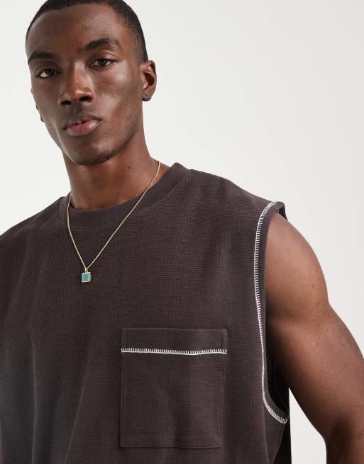 ASOS DESIGN heavyweight oversized tank with contrast stitch and pocket in brown texture, 3 of 5