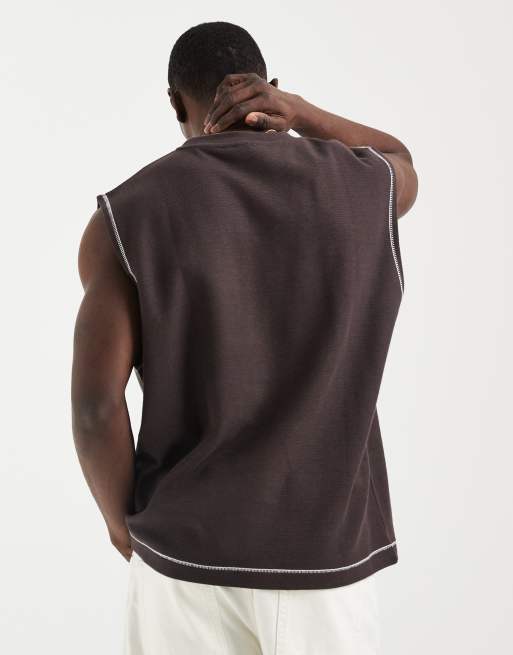 ASOS DESIGN heavyweight oversized tank with contrast stitch and pocket in brown texture, 4 of 5