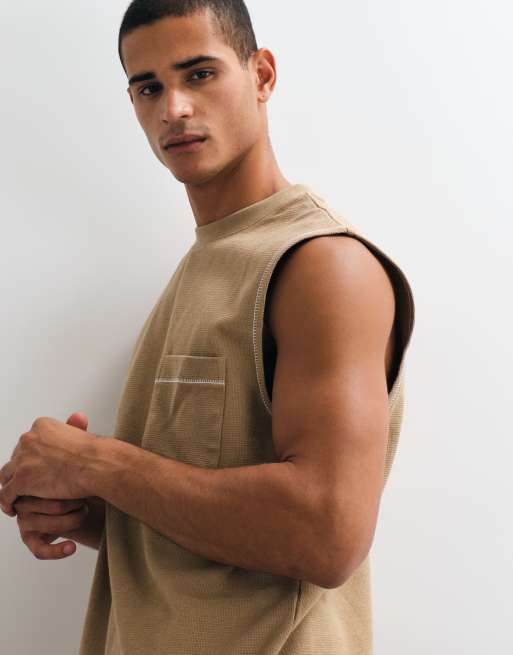 ASOS DESIGN heavyweight oversized tank with contrast stitch and pocket in mid brown texture, 4 of 5